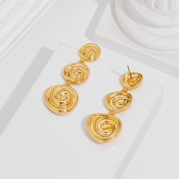 14K B Gold Pleated Boho Hammered Statement Finish Dangle Drop Earring for Women - Picture 5 of 6